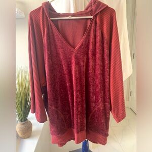 Free People Go Softly Burgundy Crushed Velvet Hoodie Oversized Medium
